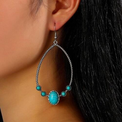 2021 Wholesale European and American Retro Exaggerated Water Drop Turquoise Earrings New Inlaid Turquoise Earrings