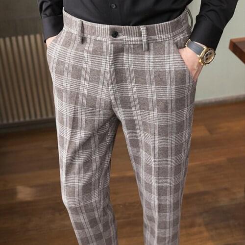 2021 Autumn Winter Woolen Business Dress Pant Men Classic Plaid Office Social Suit Pants Casual Slim Fit Formal Wedding Trousers