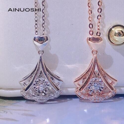 AINUOSHI 18K Gold Round Cut 0.075ct Real Diamond Heart Shaped Waves Dancing Pendant Necklace Female Star Same Style Jewelry 18