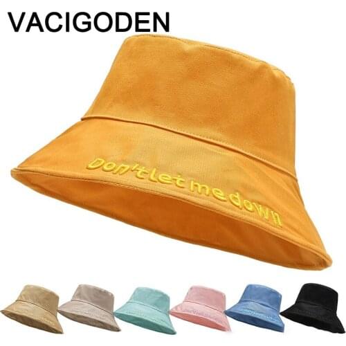 VACIGODEN Women Fashion Bucket Hat Reversible Letter Embroidered Solid Color Sunbonnet Fedoras Outdoor Chapeau Fisherman Caps