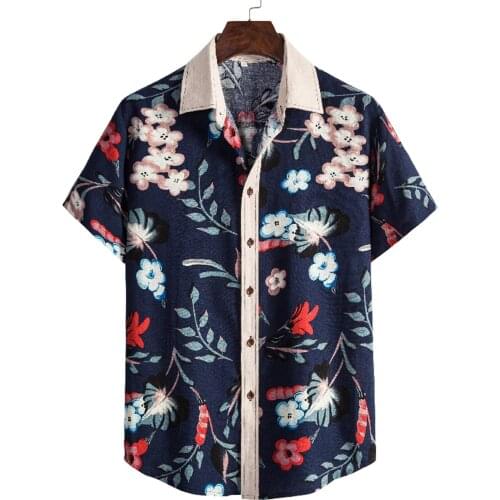 Summer Vintage Print Cotton-linen Shirts Men Short Sleeve Turn-Down Collar Casual Beach Shirts Top Hawaiian Blouse Chemise Homme