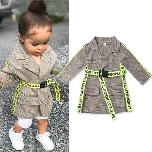 Spring Autumn Kids Baby Girl Coat Clothes Belted Plaid Printed Jacket Formal Outwear 0-5 Years