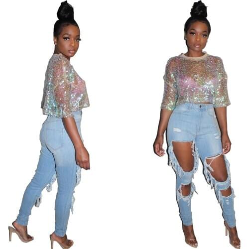 Rebicoo Lace Tide Sequin Sweet Slim Bandage New Summer Sexy Women Short Sleeve lace Young Women casual Top T-Shirt