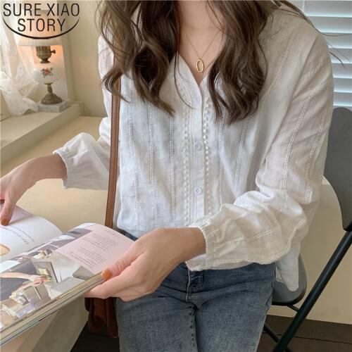 2021 Women Cotton Shirts with Lace Womens Tops and Blouses V-neck Casual Shirts Puff Sleeve Loose Cardigan Korean Clothing 10914