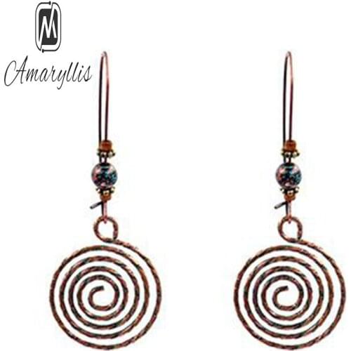 Amaiyllis Vintage Copper Color Hollow Round Pendant Dangle Earrings For Women Ethnic Alloy Circle Drop Earrings Bohemian Brincos