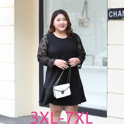 New spring autumn plus size dress for women loose casual long sleeve O neck lace mini short dresses black 3XL 4XL 5XL 6XL 7XL