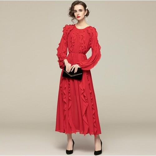 Runway Elegant Women Ruffles Party Dress 2021 New Spring O Neck Chiffon Long Sleeve Elastic Waist Red Long Dress Vestidos