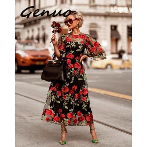 Women Streetwear O-neck Three Quarter Embroidery A-line Dress Autumn Lace Floral Mid-calf Mesh Two-piece Dresses