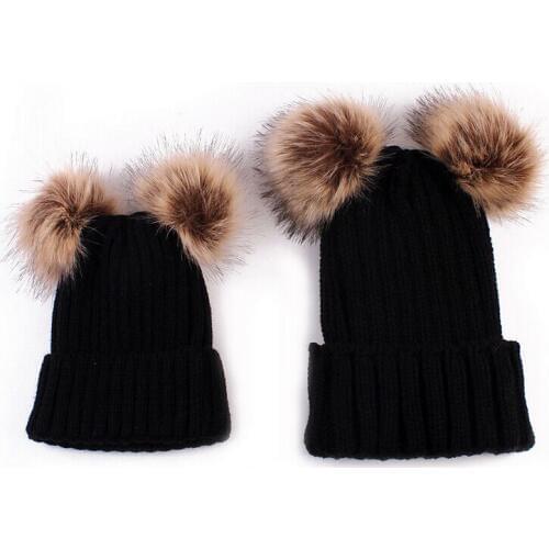 Winter Kids Baby Boys Girls Mom Matching Hats Accessories Knitted Warm Hats Soft Caps Lovely Black White Pink Red Hats