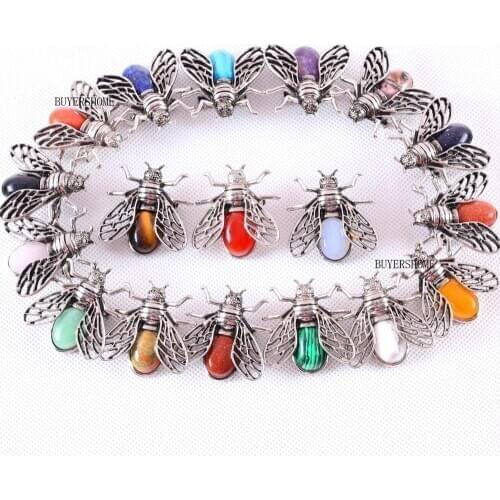 1Pcs 37x37MM Cicada Brooch Natural Multi-color Stone Bead Pendant For Men Women Jewelry Gift