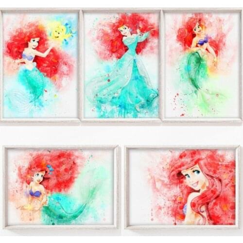 Watercolor Mermaid Posters and Prints Disney Mermaid Princess Anime Canvas Painting Nordic Cartoon Wall Art Decor Kid Home Decor