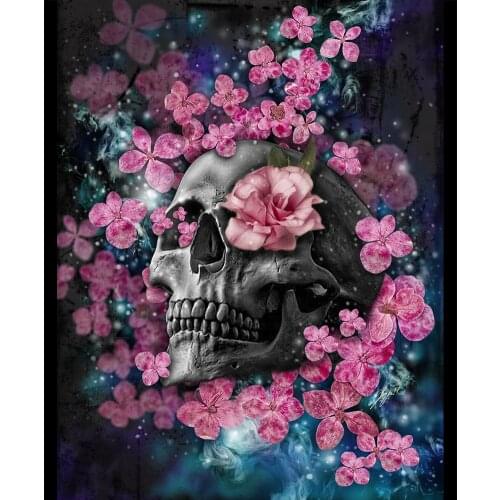 DIY 3D Diamond Embroidered Skull Flower 5D Cross Stitch Diamond Painting Rhinestone Full Diamond Mosaic Halloween Decoration Gif