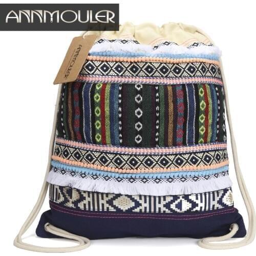Annmouler New Design Women Backpack Bohemian Style Hobo Bag Large Capacity Tribal Drawstring Bag Aztec Tassel Rucksack 2 Colors