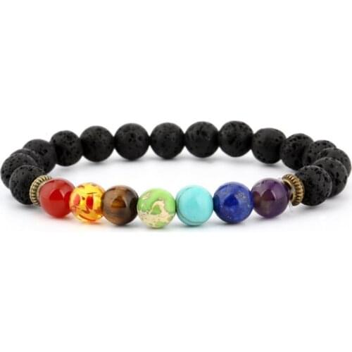 8mm fh3 mulitcolor rainbow elastic turquoise agate lapis lazuli Onyx Bracelet black volcanic lava stone Reiki Buddha Yoga