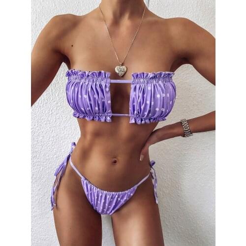 Elegant Purple Swimwear Women Off Shoulder Pleat Bikini Hollow Out Lace Up Bandgae Push Up Bathing Suit Thong Swimsuit Biquini
