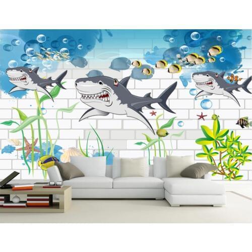 Custom photo mural 3d wallpaper on the wall Brick wall shark cartoon shark childrens room home decor wallpaper for walls 3 d