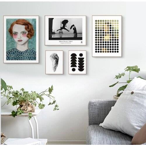 Canvas Wall Art Prints Poster Nordic Girl Feather Dot and Silhouette Home Decoration Painting Modern For Bedroom Modern Pictures