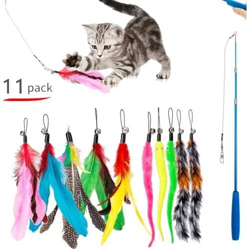 11Piece Cat Toy Fur Feather Replacement Set Attracting Set Funny Cat Stick Feather Toy Puppy Interactive Cat Play Toy