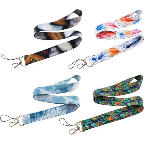 JF535 Colorful Feathers Lanyards Vintage Neck Strap Cell Phone Straps Buttons ID Card Holder Lanyard For Keys DIY Hanging Ropes
