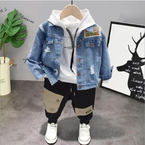 Baby Boy Clothing Set Casual Cowboy Coat, Hoodie and Pants 3pcs Outfits Autumn Spring Costumes Childrens Suit