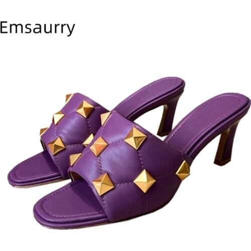 Luxury Genuine Leather Lazyman Mules Lady Summer Sexy Kitten Heel Rivet Decor Sewing Slingbacks Multicolor Womens Sandals