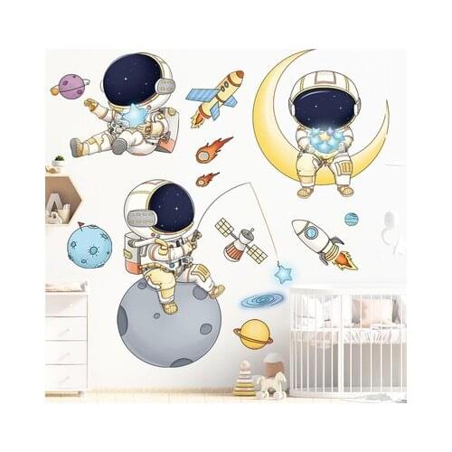 Wall Decorations Bed Room Cartoon Astronaut Wall Sticker For Girl Kids Room Spaceship Rocket Gamer Room Childrens Room Decor