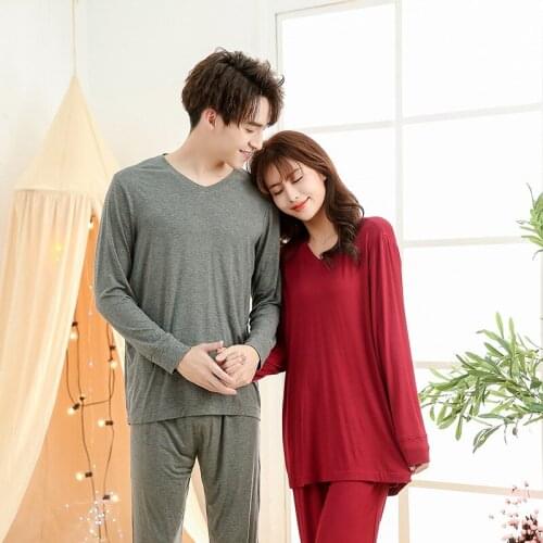 2021 New Couple Pajamas Solid Color Leisure Pullover Mens Womens Sleepwear Long Sleeve Cotton Household Clothes Nightwear