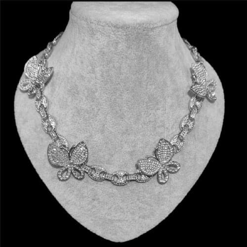 Hip Hop 12MM Bling AAA+ Iced Out Butterfly Alloy Rhinestones Coffee Bean Miami Cuban Link Chain Necklace For Men Women Jewelry