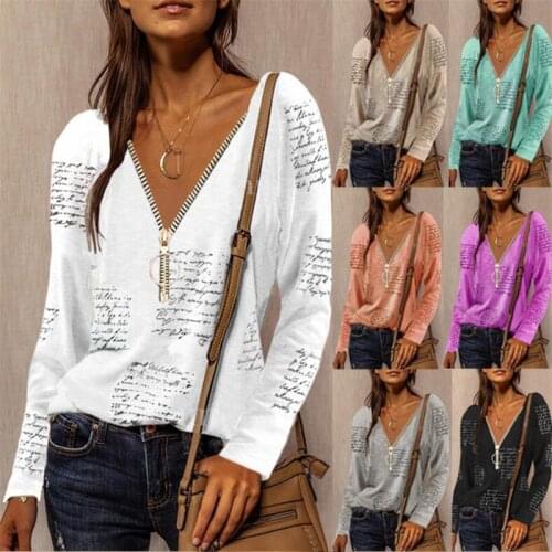 New Autumn Zipper Tee V Neck Letter Printed Long-sleeved Casual Fashion Shirt Women Loose Vintage Elegant Sexy Oversize T-shirt