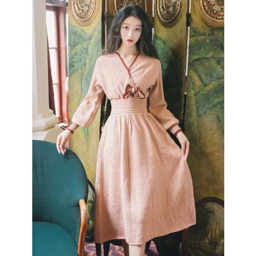 2019 new fashion womens Autumn and winter bow retro long sleeve dress