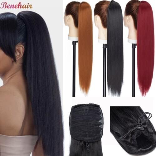 22inches Yaki Ponytail Synthetic Long Straight Hair Extension Drawstring Fluffy Ponytail Clip In Hair Extension For Women