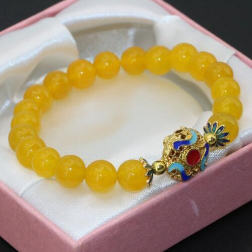 Bohemia style luxury 8mm yellow chalcedony jades natural stone round bracelets round beads cloisonne gifts jewelry 7.5inch B2692