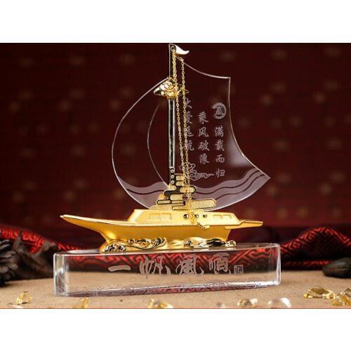 LARGE 2020 office home Desk Business Decorative art Talisman -ALL GOOD LUCK crystal Sailboat FENG SHUI Mascot Sculpture statue