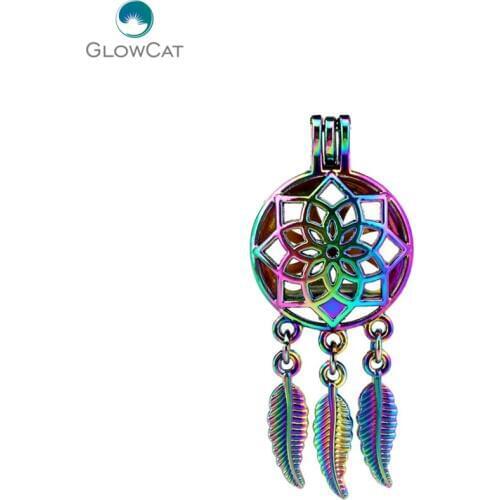 C708 5pcs/lot Rainbow Color Dream Catcher Flowers Leaf Cage Pendant Pearl Locket Fairytale Party