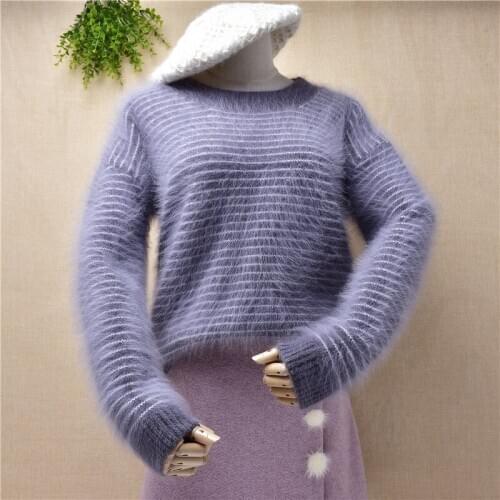 Elegant fashion ladies women hairy angora rabbit fur knitted stripes slim basic pullover mink fur short jumper autumn winter top