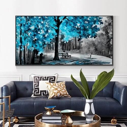 Modern Abstract Blue and Yellow Leaves Painting Print on Canvas Poster Wall Art Picture for Living Room Home Artwork Decoration