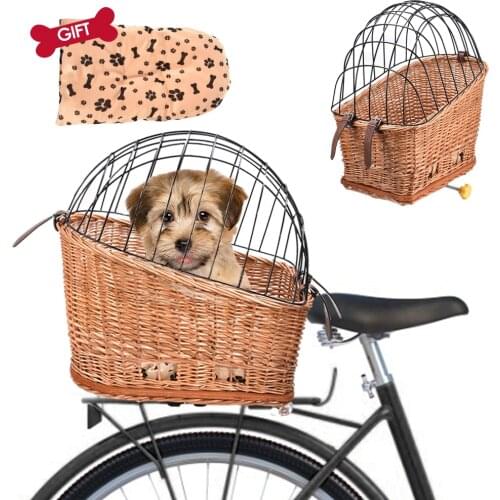 Cat Dog Bicycle Front Handlebars Basket Pets Seat Wicker Woven Bike Basket Small Pet Carrier Cycling Accessories Shopping Basket