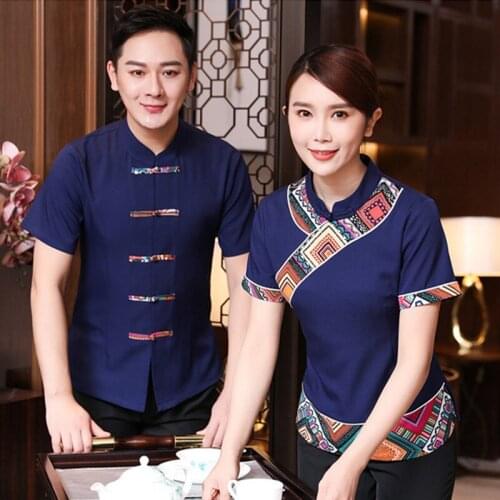 Summer waiter tops china restaurant Work Clothes Chinese Traditional Restaurant waitress uniforms short sleeve