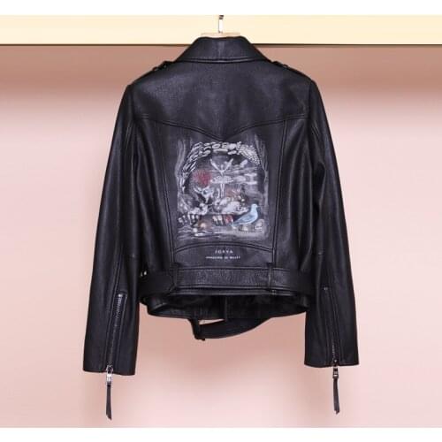 Fashion brand Punk style Graffiti pattern leather pu leather jacket female street style zipper leather jacket F1049 dropship