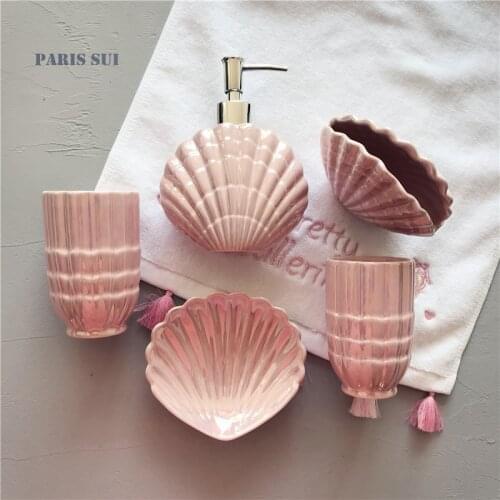 Ceramic Shell shape Bathroom Accessory Set Washing Tools Bottle Mouthwash Cup Soap Toothbrush Holder Household Articles pf92020