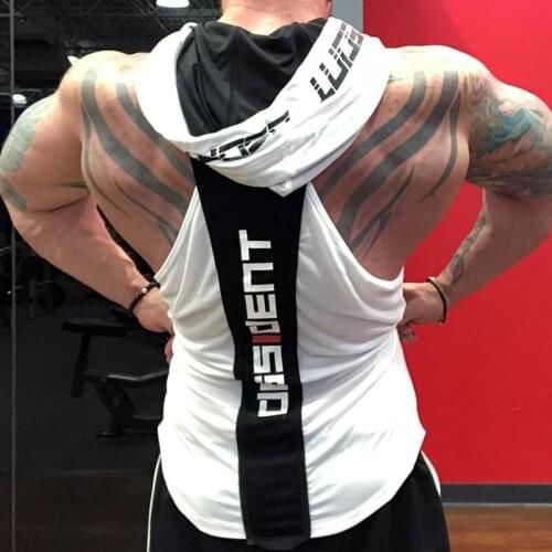 New mens sports hooded running vest sleeveless cotton printed sports hoodie gym sports vest running vest top