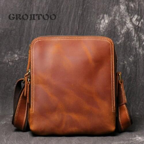 GROJITOO New mens leather shoulder bag womens crazy horse skin messenger bag simple genuine leather iPad bag for man