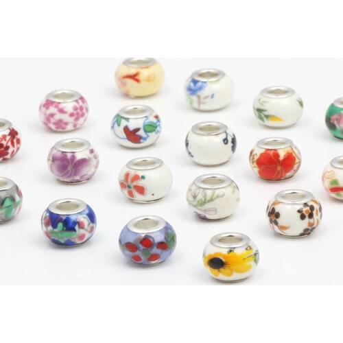 OlingArt 14x9mm 6PCS/lot Big Hole Beads Silver color Hand-painted flowers Ceramic Beads DIY Bracelet Fit European Charm