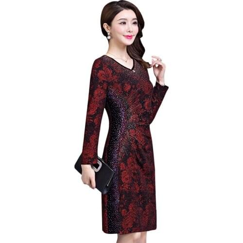 2018 Autumn Clothing New Pattern Middle Age Will Code Waist To Show Thin Printing Dress Woman Mom Dress Package Hip