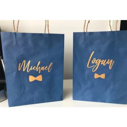 Personalized gold name wedding Groomsmen Bestman gift bags kraft navy blue Bachelorette clutches tote bags bridal shower decor