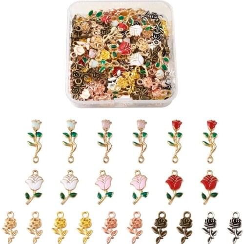 124pcs/box Alloy Enamel Pendants for Valentines Day Rose Flowers Mixed Color Jewelry Making DIY Bracelet Necklace