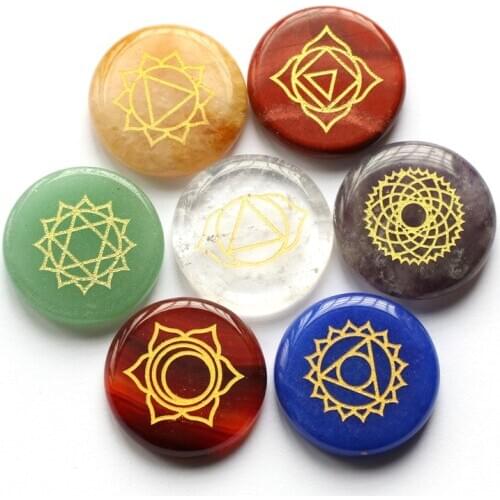 7 PCS Chakra Natural Stones beads with Clear Quartzs for Jewelry Making Supplies 2.3cm Engraved Symbols Polished Palm Stone