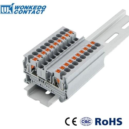 Wire Conductors 10Pcs PT-4 Connectors Push In Din Rail Mounted Spring Screwless Feed Through Terminal Block PT4