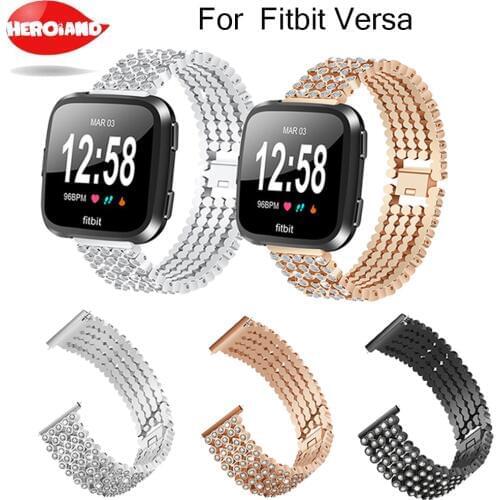 Watch Strap For Fitbit Versa Five Steel Wrist Band with 5 Beads Round Rhinestone Inlaid Solid Replace Wristbands Accessories