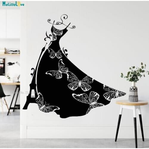 Romantic Paris Landmark Butterfly Print Handmade Dress Wall Sticker Cute Girl Window Sticker Beauty Salon Woman Poster YT4657